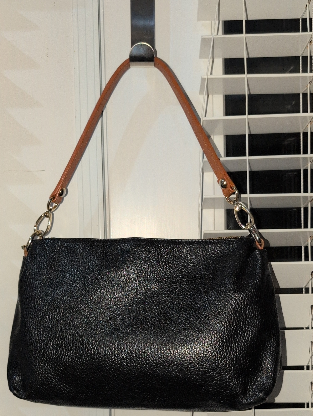 Valentina Black Pebbled Leather Shoulder Bag with Tan Strap